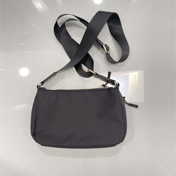 Convertible Crossbody Shoulder Black Nylon Fabric Small Zip Bag Gold Adjustable - Picture 6 of 16